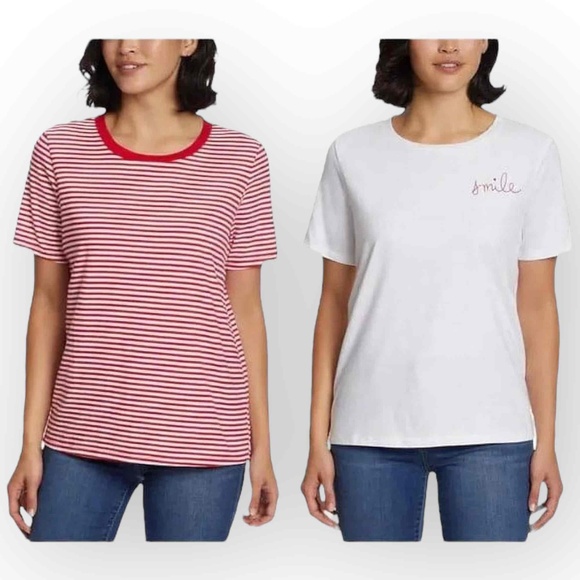 Ella Moss Women’s 2-Pack Tee, Red/White Stripe & Solid White, Size XL 342 - Picture 1 of 6